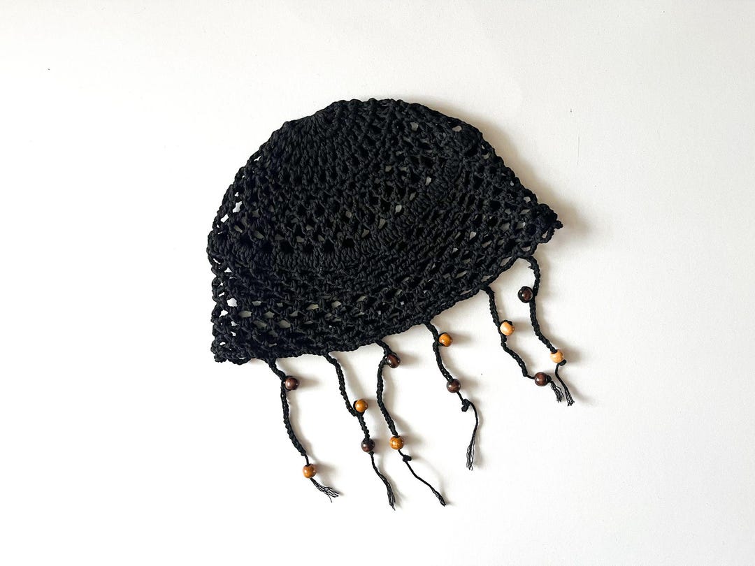 Crochet Beaded Head Covering, Jellyfish Style Summer Black Fishnet Hat ...
