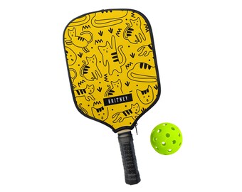 Pickleball Paddle Cover Gift: Personalized Custom Name Yellow Cat Black Line Art Design