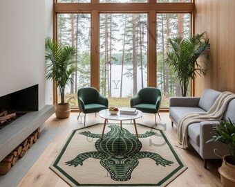Alfombra de cocodrilo de lana hecha a mano: Alfombra de cocodrilo verde azulado