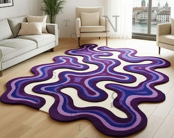 Handmade Wavy Wool Area Rug: Retro Purple & Blue Curvy Carpet