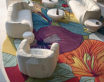 Dywan z motywem kwiatowym – duży, wielokolorowy, abstrakcyjny wzór | Nowoczesny, organiczny element wystroju wnętrz w stylu artystycznym