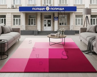 Handmade Pink Gradient Wool Rug: Geometric Color Block Carpet