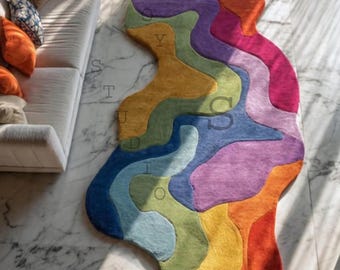 Psychodeliczny, topograficzny, abstrakcyjny dywan – ręcznie robiony, nowoczesny, artystyczny wzór w żywych, koncentrycznych kształtach