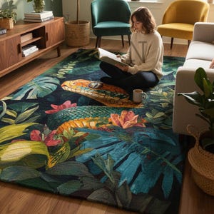 May include: A colourful rug with a detailed snake illustration set amongst tropical leaves and flowers. The rug's design incorporates a rich palette of greens, blues, oranges, and pinks. This rug would make a striking focal point in a living room, with its large leaf and floral elements.