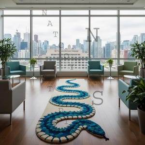 May include: A long, cream-colored rug with a blue and teal snake design. The rug is in a room with large windows overlooking a city skyline. The word "NATIONS" is partially visible on the window.