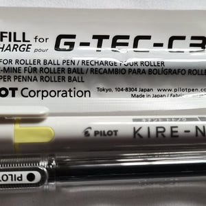 May include: An image of Pilot pens and refills. The top item is a white package with the text "PILOT 0.3 MICRO FINE BLS-GC3 REFILL for G-TEC-C3". Below are two pens, one white with "KIRE-NA" and one black with "G-TEC-C3".