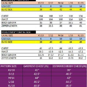 May include: Size chart detailing garment measurements in both inches and centimetres. Includes UK/AU, USA, and Euro sizes, with chest, waist, body length, and zipper length. Pattern size and estimated body chest measurements are also shown.