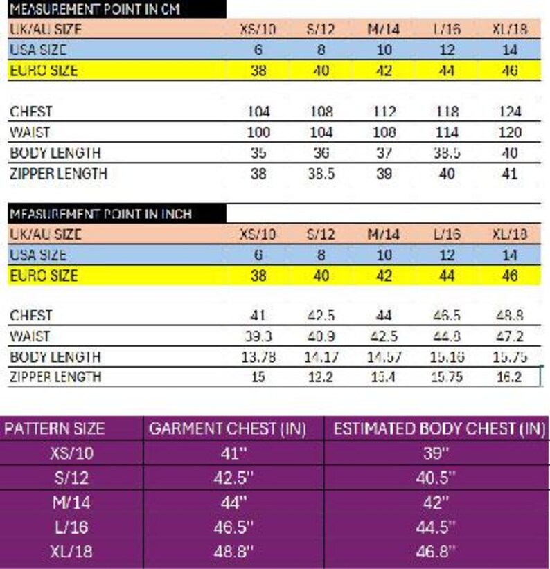 May include: Size chart detailing garment measurements in both inches and centimetres. Includes UK/AU, USA, and Euro sizes, with chest, waist, body length, and zipper length. Pattern size and estimated body chest measurements are also shown.