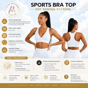 May include: A digital PDF sewing pattern for a white sports bra top. The image displays the front and back views of the garment, along with text detailing style overview, sizes XS to 2XL, file formats, fabric requirements, and download instructions.
