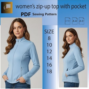 以下が含まれることがあります： ポケット付きのライトブルーのジップアップトップ、PDFソーイングパターンとして表示されています。画像には「women's zip-up top with pocket」というテキストと、サイズ8から18までのサイズオプションが含まれています。トップはハイカラーとジッパー開閉です。