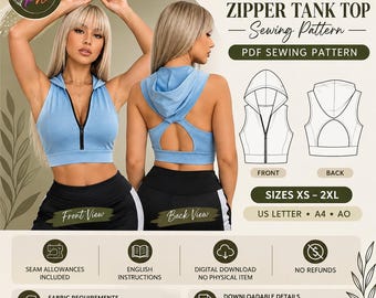 Crop Hooded Zipper Tank Top Sewing Pattern Downloadable PDF |A4 US Letter Printable | Instant Downloadable
