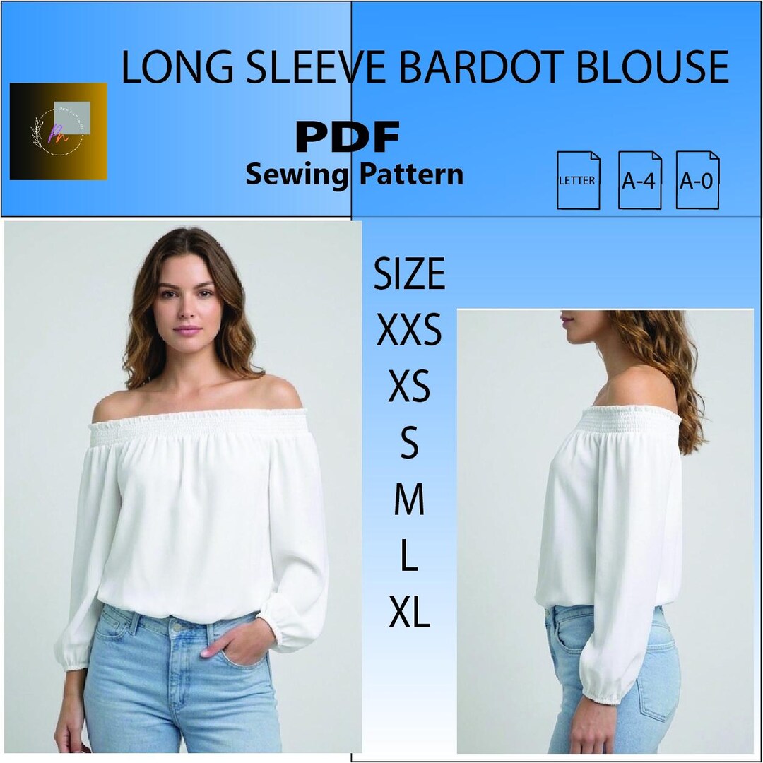 Long Sleeve Bardot Blouse PDF Sewing Pattern | off Shoulder Elegant Top ...