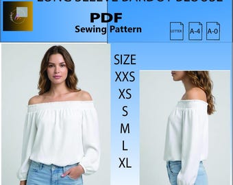 Cartamodello PDF per camicetta a maniche lunghe con scollo Bardot / Top elegante con spalle scoperte (download digitale)