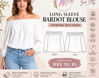Long Sleeve Bardot Blouse PDF Sewing Pattern | Off Shoulder Elegant Top (Digital Download)|A4 US Letter Printable | Instant Downloadable