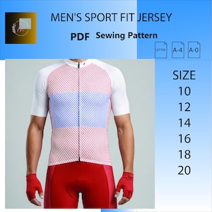 Könnte beinhalten: Ein Schnittmuster für ein Sport-Fit-Trikot mit dem Text "MEN'S SPORT FIT JERSEY PDF Sewing Pattern". Das Trikot ist weiß mit roten und blauen diagonalen Streifen. Größen 10-20.