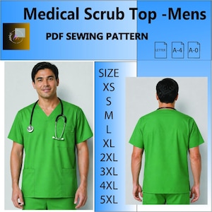 Könnte beinhalten: Schnittmuster für grüne medizinische Scrub-Top. Das Bild zeigt einen Mann, der ein grünes Scrub-Top mit einem Stethoskop trägt. Der Text auf dem Bild lautet "Medical Scrub Top -Mens" und "PDF SEWING PATTERN". Größen XS bis 5XL sind aufgeführt.