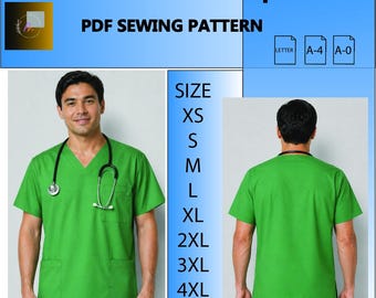 Patrón de costura para blusa médica de cuello en V para hombre - Patrón de costura en PDF descargable / Imprimible en tamaño A4 (Carta estadounidense) / Descarga instantánea