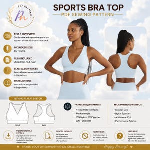May include: A PDF sewing pattern for a light blue sports bra top with a V-neck front and racerback. The digital product includes sizes XS to 2XL, technical flat sketches, and fabric requirements for 4-way stretch knit fabrics like nylon spandex.
