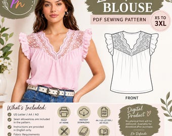 Lace Trim Blouse Pattern PDF Sewing Pattern- Downloadable PDF Sewing Pattern |A4 US Letter Printable | Instant Downloadable