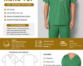 Men’s V-neck scrub top  Pattern Sewing Pattern - Downloadable PDF Sewing Pattern |A4 US Letter Printable | Instant Downloadable