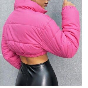 May include: A vibrant pink, cropped puffer jacket with a high collar and long sleeves. The jacket features a quilted design and a fitted shape. The model is wearing a black skirt. The jacket is a striking outerwear item.