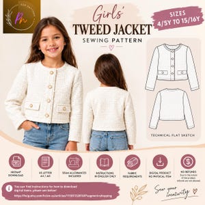 Pode incluir: Um molde de costura para um casaco de tweed para meninas nos tamanhos 4/5A a 15/16A. A imagem mostra um casaco de tweed creme com botões dourados, um esboço técnico da frente e das costas e ícones indicando um download digital em PDF.