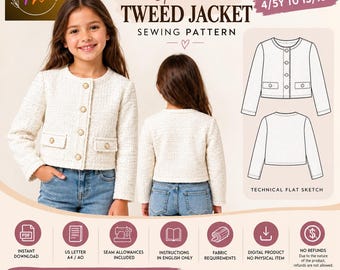 Girls Tweed Jacket Pattern PDF Sewing Pattern- Downloadable PDF Sewing Pattern |A4 US Letter Printable | Instant Downloadable|Kids Jacket