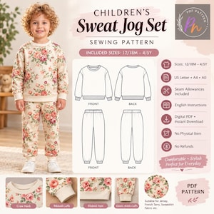 May include: A digital sewing pattern for a children's sweat jog set, featuring a cream-coloured sweatshirt and joggers with a pink and red floral print. The pattern includes technical line drawings of the front and back views, size range 12/18M to 4/5Y, and details on seam allowances, file formats, and fabric recommendations.