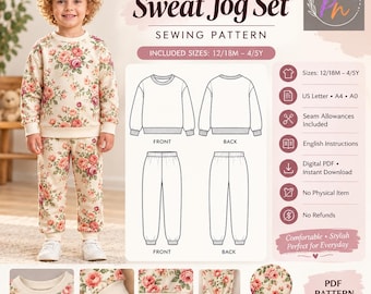 Children's Sweat Jog Set Sewing Pattern, Toddler PDF Pattern, Kids Sweatshirt & Jogger Pants, 12/18M–4/5Y