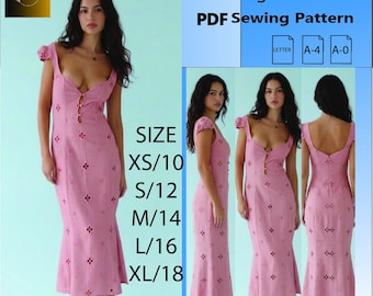 Patrón de costura para vestidos hasta los tobillos - Patrón de costura en PDF descargable / Imprimible en tamaño A4 (carta estadounidense) / Descarga instantánea