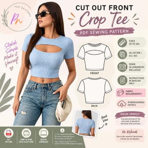 May include: A light blue ribbed short-sleeve crop tee with a cut-out front detail. The digital PDF sewing pattern includes front and back technical line drawings, size range XS to 2XL, seam allowances, and instructions in English for home printing.