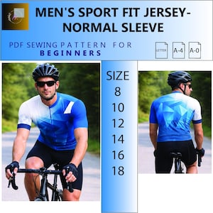 May include: A PDF sewing pattern for a sport fit jersey with normal sleeves. The design features a blue and white geometric pattern. The image displays a cyclist wearing the jersey from front and back views, with size options 8 through 18.