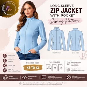 May include: A digital sewing pattern for a long sleeve zip jacket with pockets, featuring a light blue jacket with a mock neck and front zipper. The graphic includes front and back technical sketches, size range XS to XL, and file formats.