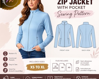 Women's Zip-Up Top Sewing Pattern - Downloadable PDF Sewing Pattern |A4 US Letter Printable | Instant Downloadable