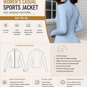 May include: A PDF sewing pattern for a casual sports jacket in sizes XS to XL. The document includes a technical flat sketch, fabric requirements, and a list of necessary tools. It features a light blue jacket with a high collar and long sleeves.