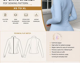Puede incluir: Un patrón de costura en PDF para una chaqueta deportiva casual en tallas de XS a XL. El documento incluye un boceto técnico, requisitos de tela y una lista de herramientas necesarias. Muestra una chaqueta azul claro con cuello alto y mangas largas.