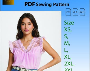 Patrón de blusa con ribete de encaje en formato PDF - Patrón de costura descargable en PDF / Imprimible en tamaño A4 (carta estadounidense) / Descarga instantánea