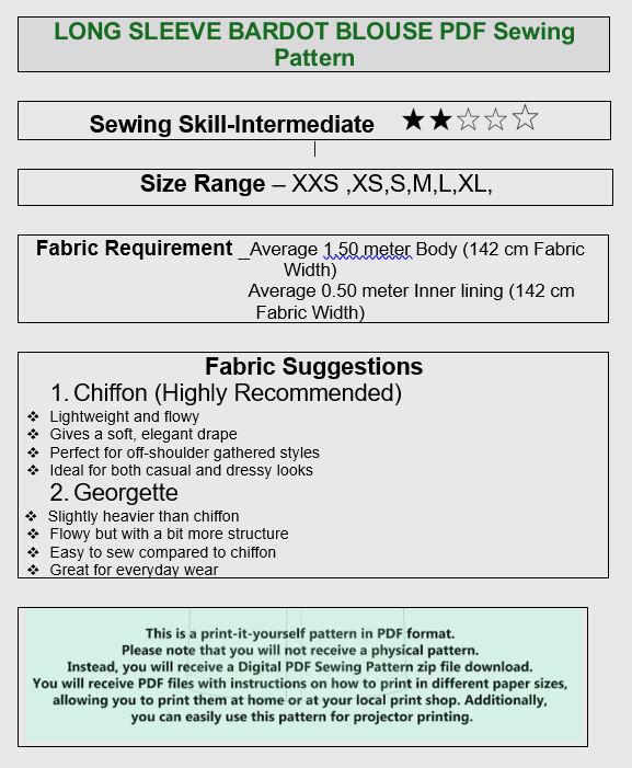 Long Sleeve Bardot Blouse PDF Sewing Pattern | off Shoulder Elegant Top ...