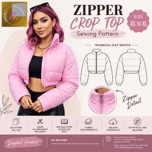 Drop Shoulder Zip-Up Cropped Puffer Coat | Downloadable PDF Sewing Pattern |A4 US Letter Printable | Instant Downloadable