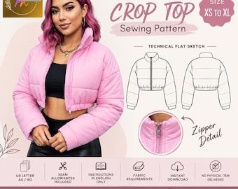 Drop Shoulder Zip-Up Cropped Puffer Coat | Downloadable PDF Sewing Pattern |A4 US Letter Printable | Instant Downloadable