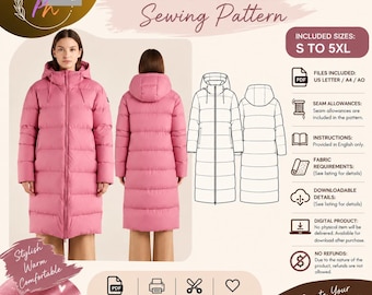 Hooded Padded Coat / Downloadable PDF Sewing Pattern / A4 US Letter Printable / Instant Downloadable
