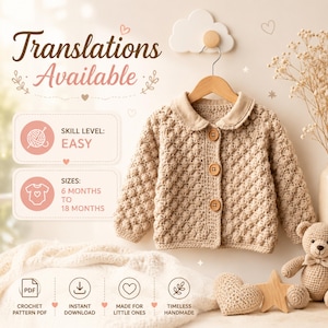 Häkelanleitung für eine Baby-Strickjacke (PDF) | Einfacher Kinderpullover, -overall, -mantel (Größen 6-18 Monate)