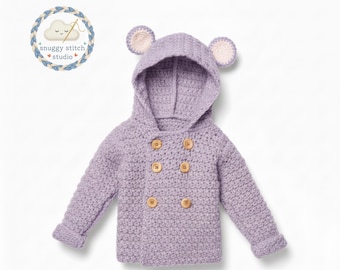 Patrón de crochet para sudadera con capucha de osito / Cárdigan de crochet en PDF / Sudadera unisex (2-8 años) / Regalo para baby shower / Inglés (traducción disponible)