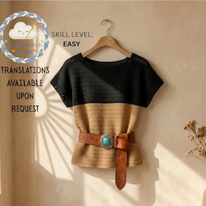 May include: A black and tan crochet top with a brown leather belt featuring a turquoise buckle. The top is hanging on a wooden hanger. The text "Skill Level: Easy" is visible.