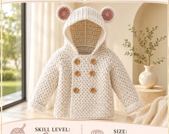 Baby Bear Hoodie Crochet Pattern | Crochet Cardigan PDF | Unisex Hoodie 2–8 Years | Baby Shower Gift | English (Translations Available)