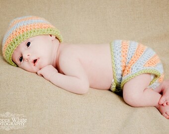 CROCHET PATTERN PDF - Instant Download - Striped Crochet Beanie and Diaper Cover Pattern - Permission to Sell Finished Items