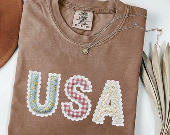 Comfort Colors USA Patchwork Applique Tee, Patriotic American Flag Shirt.