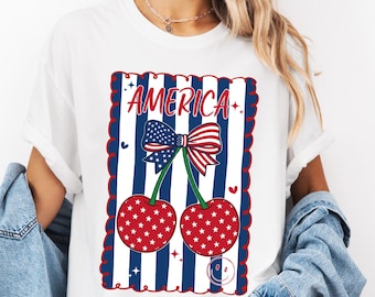 Shirt Amerika Cherry Bow, patriottische vrouwen T-shirt, 4 juli shirt, Retro Coquette USA T-shirt, Stars Stripes Graphic, Independence Day Gift