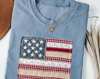 Patchwork American Flag Shirt, Retro USA Tee, Comfort Colors Espresso Brown