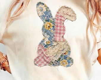 Shirt met paashaasappliqué, cottagecore-patchwork met bloemen, comfortabel kleuren T-shirt